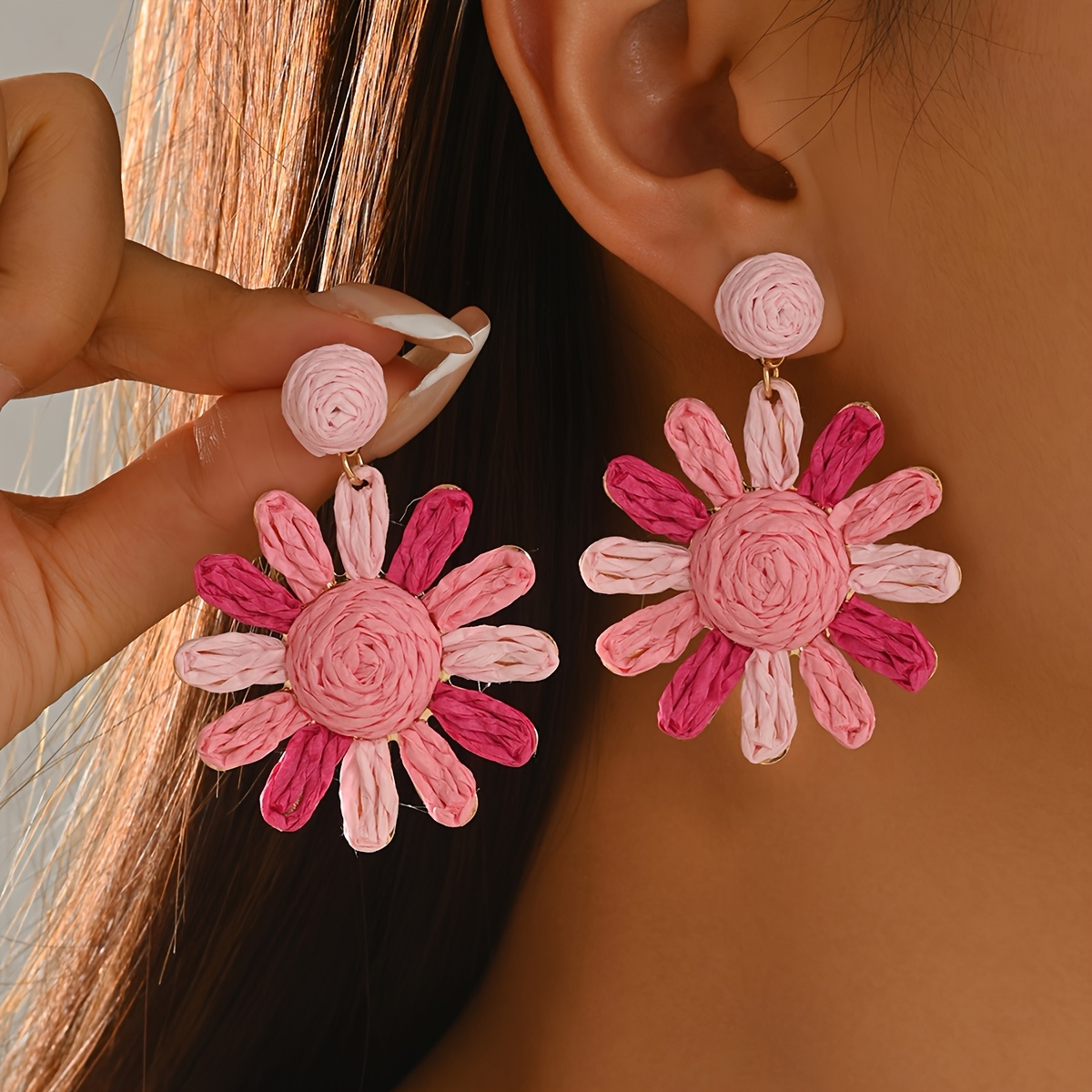 Women's Handwoven Raffia Straw Sun Flower Earrings